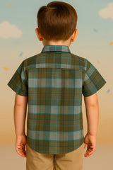 Boys Green Check Half Sleeves Shirt