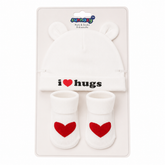 White I Love Hugs Cap & Socks Set