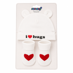 White I Love Hugs Cap & Socks Set