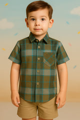 Boys Green Check Half Sleeves Shirt