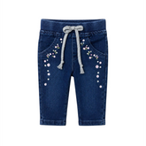 Baby Girls Floral Print Denim Pants With Elastic Waist