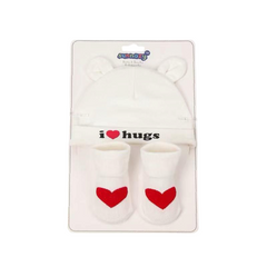 White I Love Hugs Cap & Socks Set
