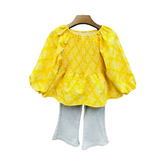 2PC Off-Shoulder Puff Sleeve Ditsy Floral Blouse Suit