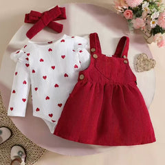 3PC Baby Girl Red Heart Body Suit Set