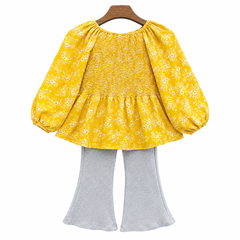 2PC Off-Shoulder Puff Sleeve Ditsy Floral Blouse Suit