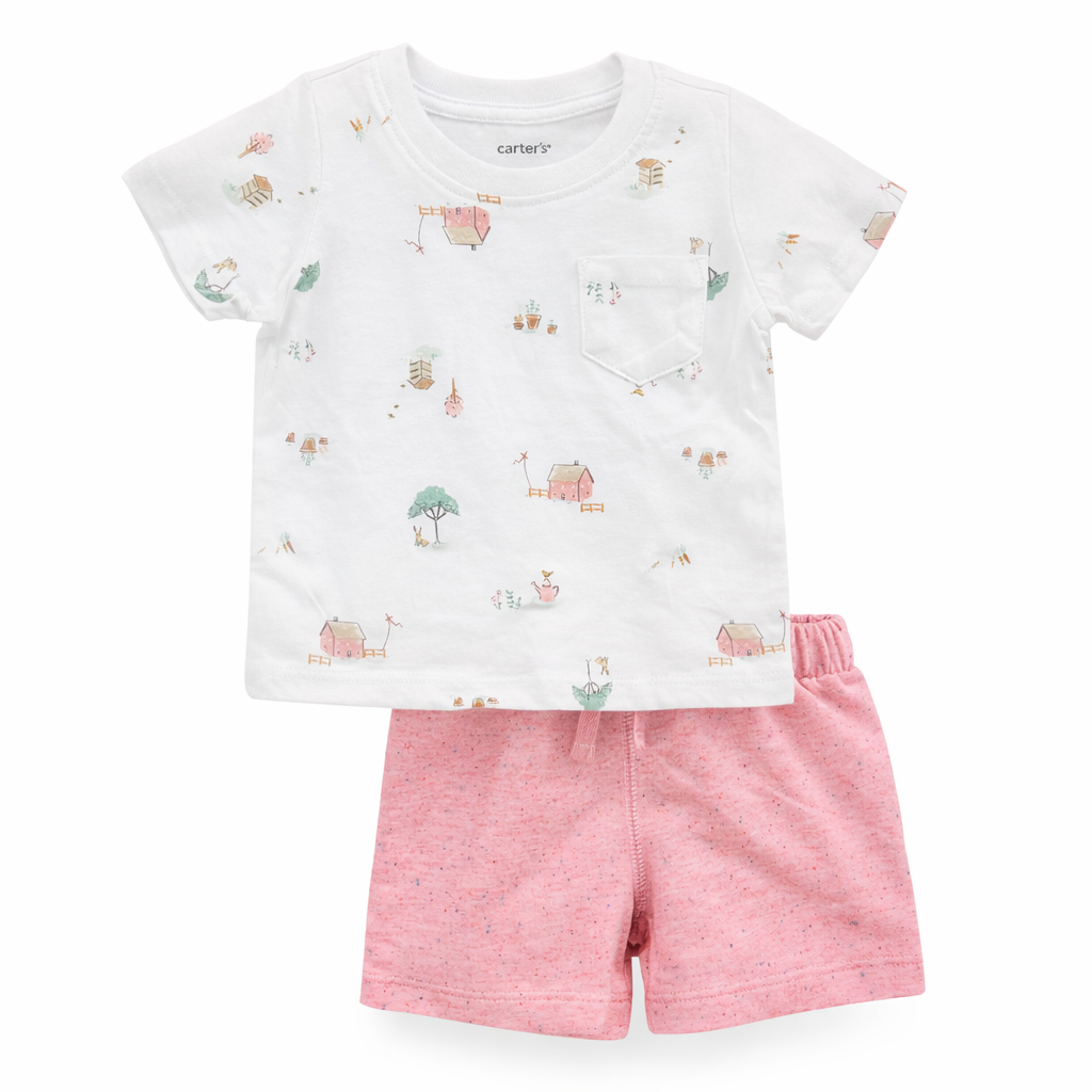 Baby Girl 3-Piece Suit – Zoo Print Top, House Print T-shirt & Pink Shorts