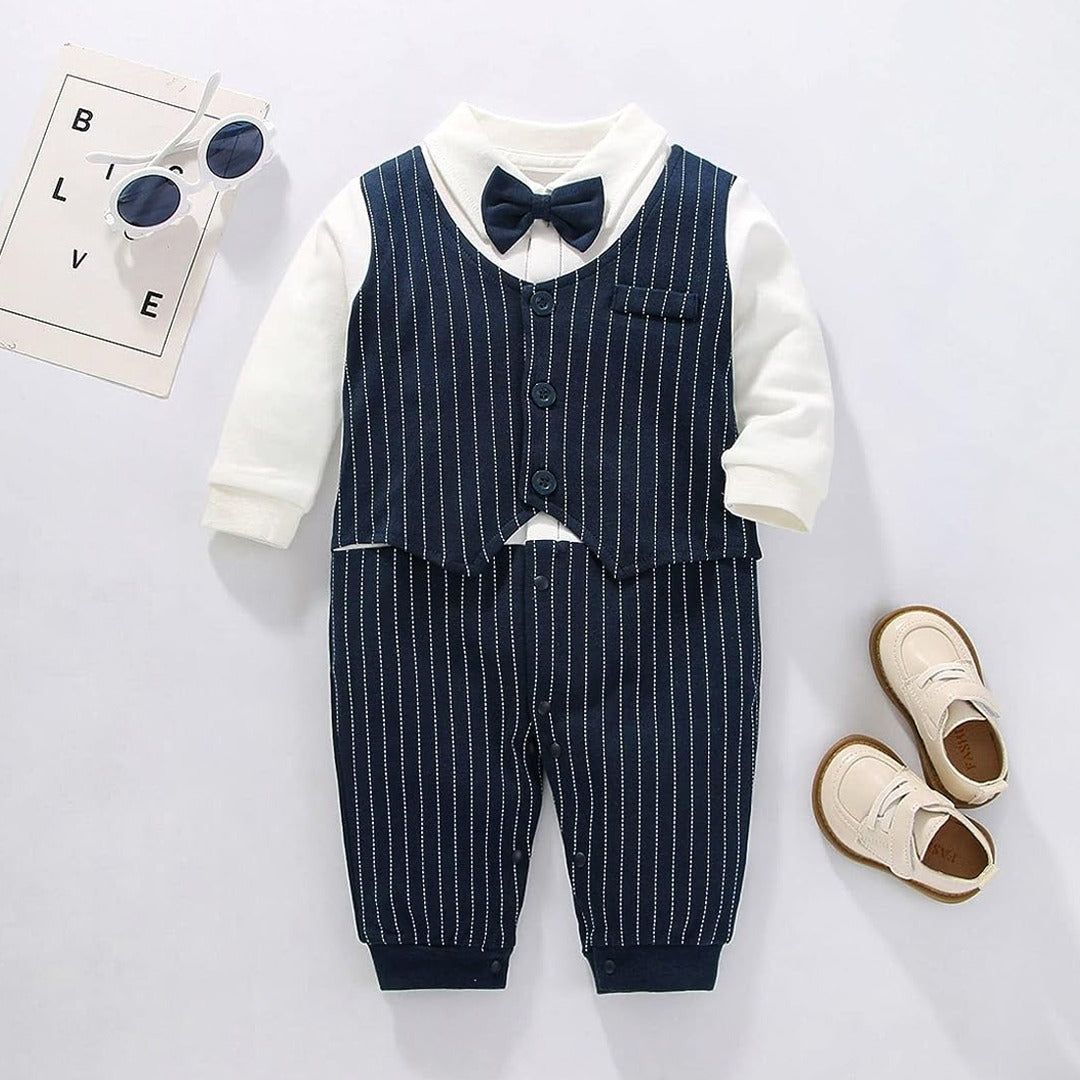 Navy White Stripes Formal Romper