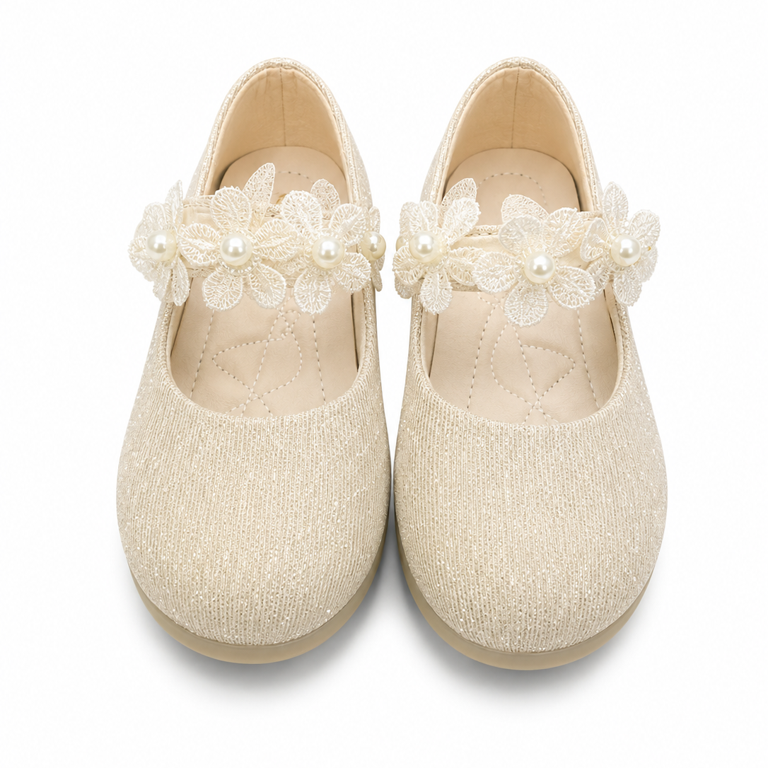 Baby Girl Golden Party Pumps with Flowers