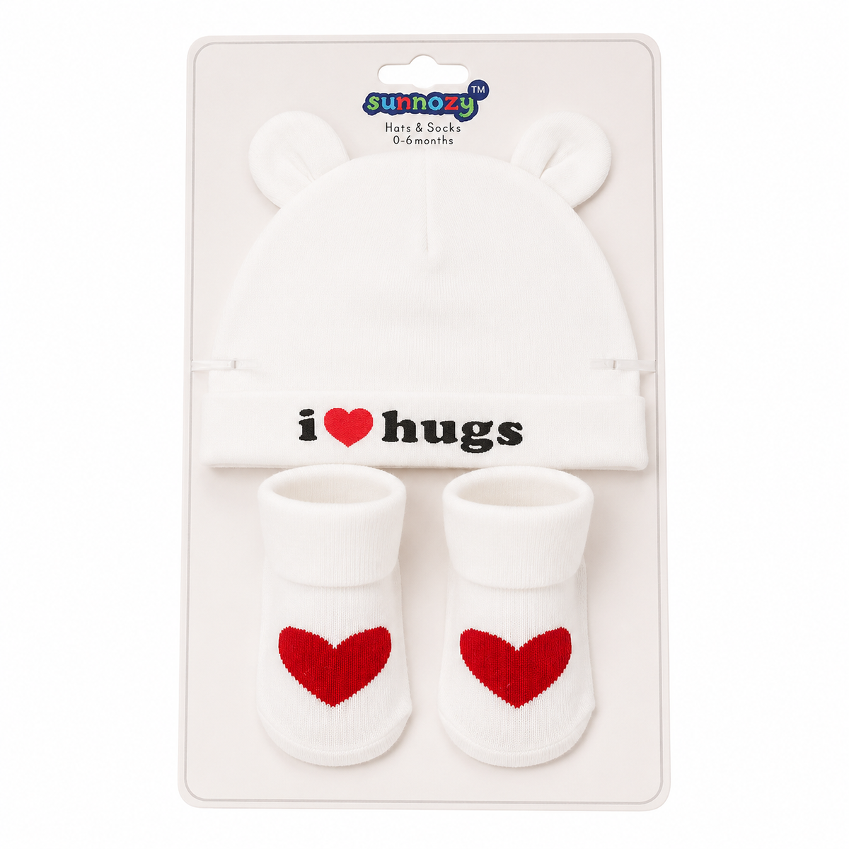 White I Love Hugs Cap & Socks Set