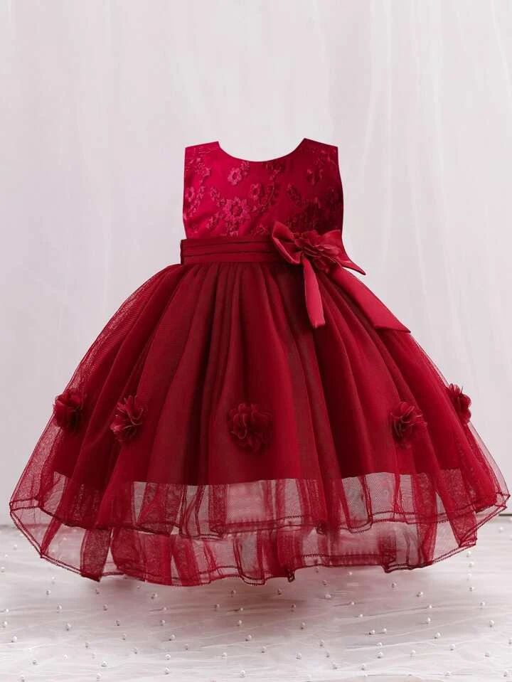 Floral Embroidered Girls Party Wear Frock Maroon