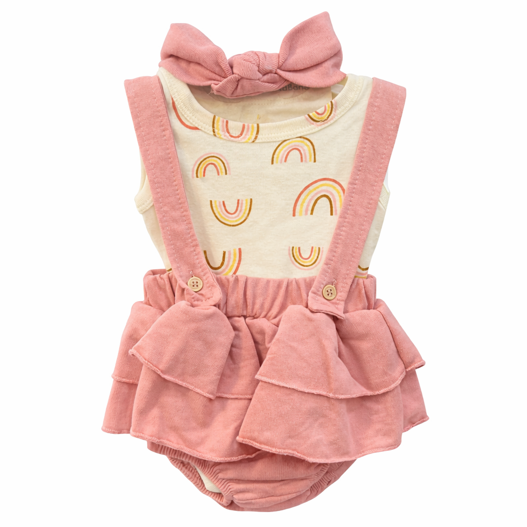 Baby Girl Rib Bodysuit Set with Suspender, Diaper Cover & Headband
