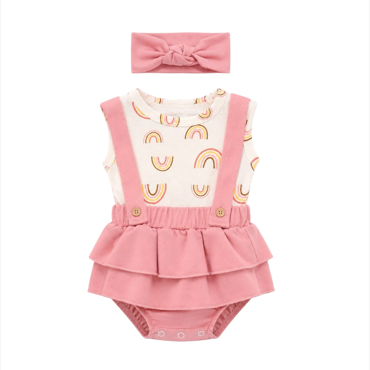 Baby Girl Rib Bodysuit Set with Suspender, Diaper Cover & Headband