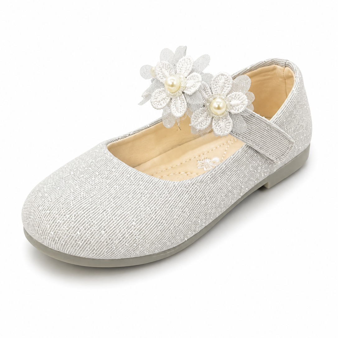 Baby Girl Silver Party Pumps with Flowers