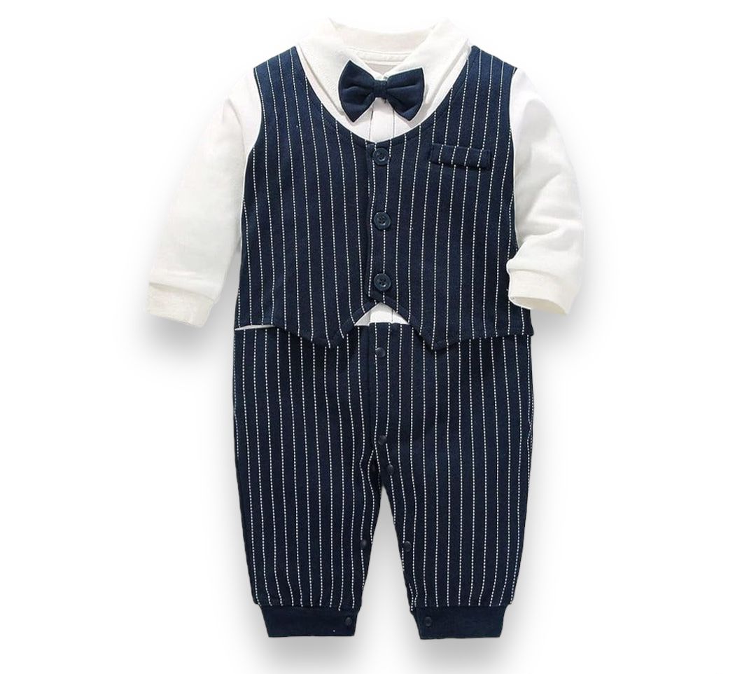 Navy White Stripes Formal Romper