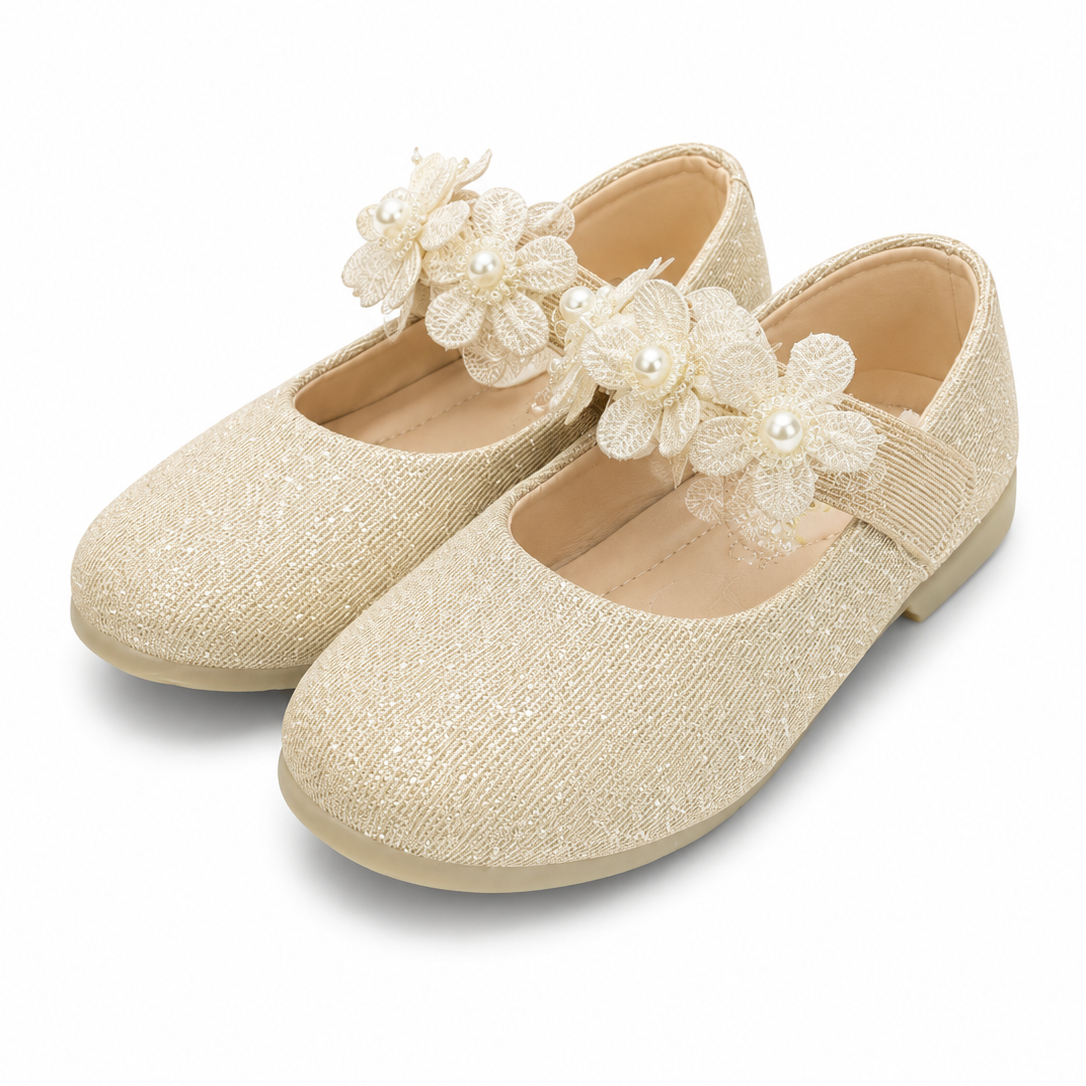 Baby Girl Golden Party Pumps with Flowers