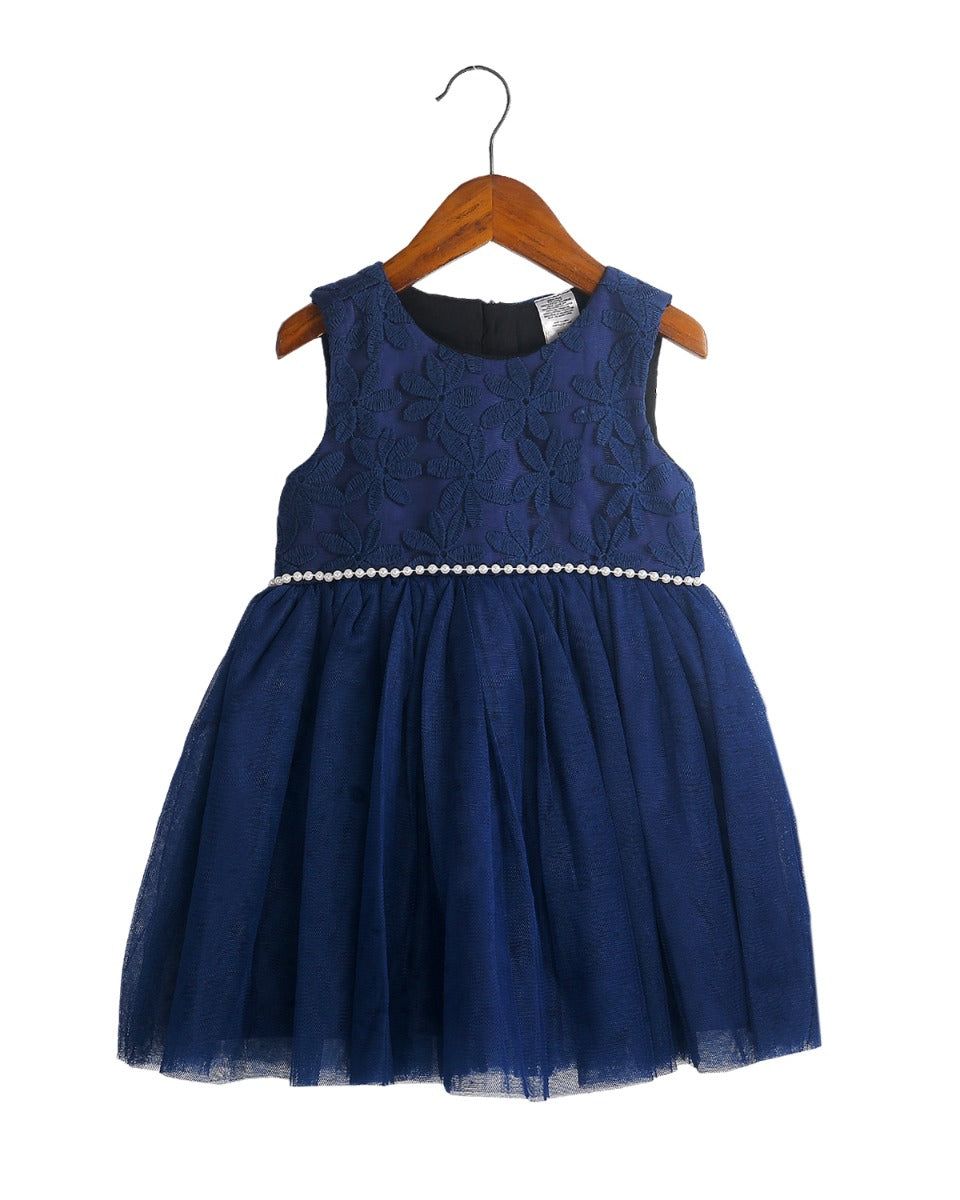 Floral Girls Party wear Frock-Navy Blue