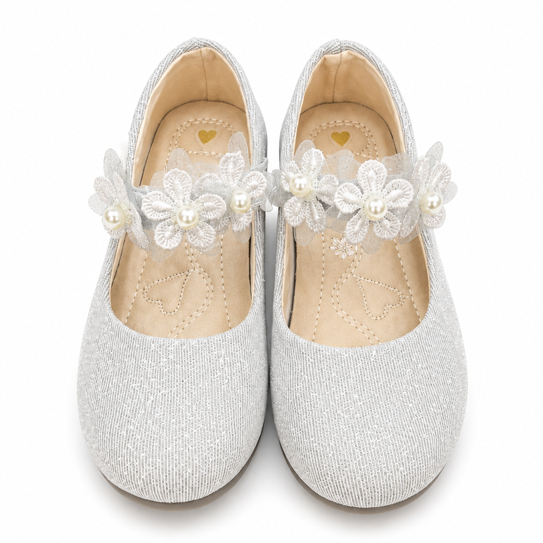 Baby Girl Silver Party Pumps with Flowers