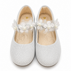 Baby Girl Silver Party Pumps with Flowers