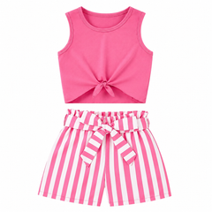 2Pc Pink Tank Top with Stripes Short