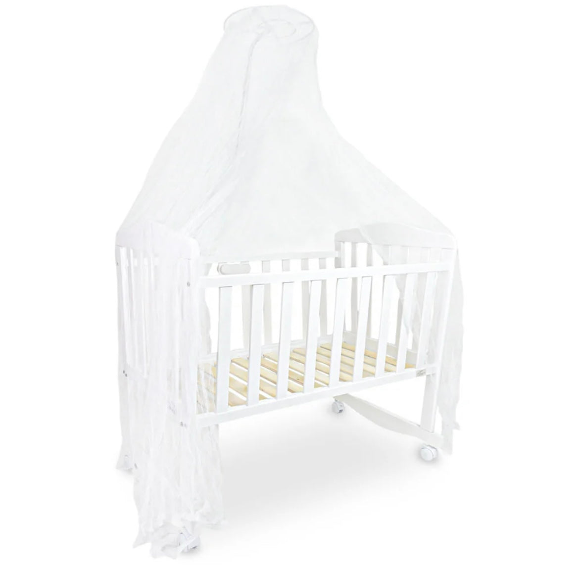 BABY WOODEN CRIB – WHITE FINISH WITH ROCKING & WHEELS