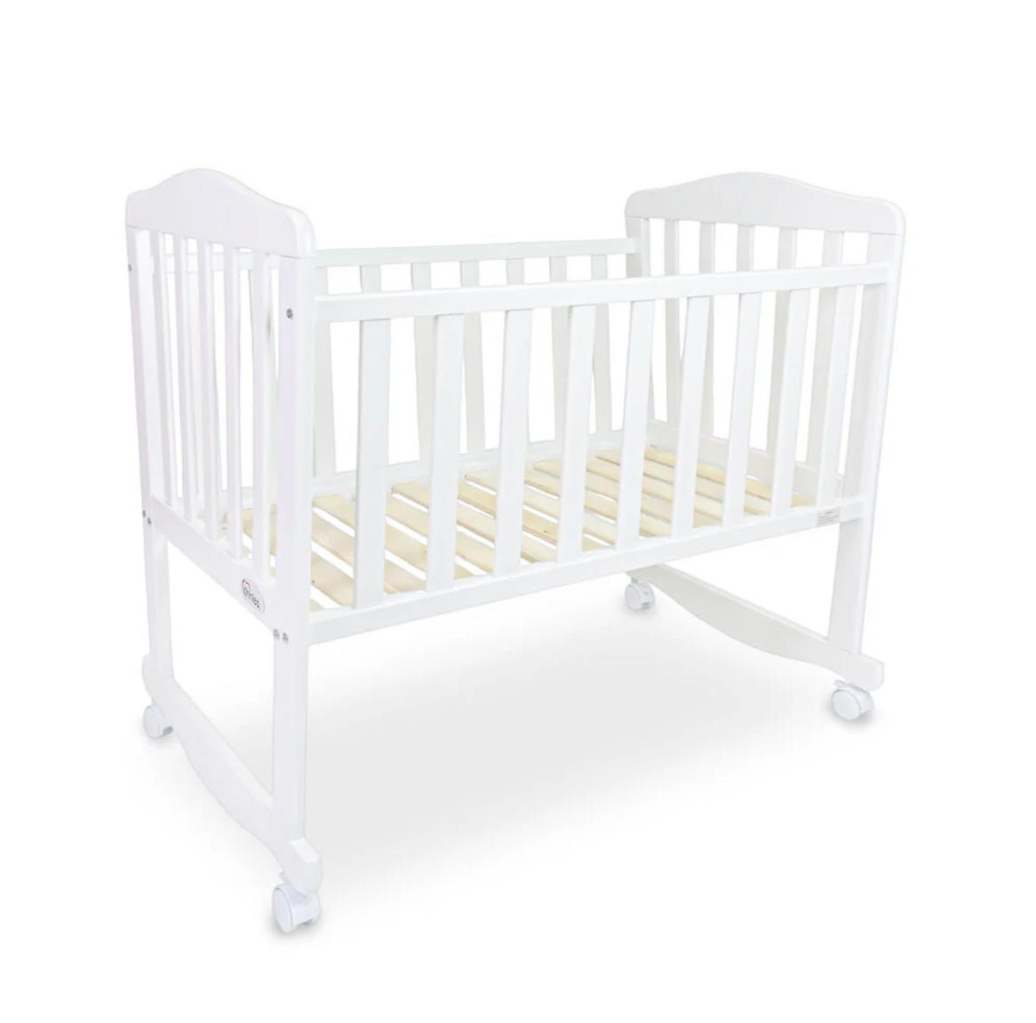 BABY WOODEN CRIB – WHITE FINISH WITH ROCKING & WHEELS