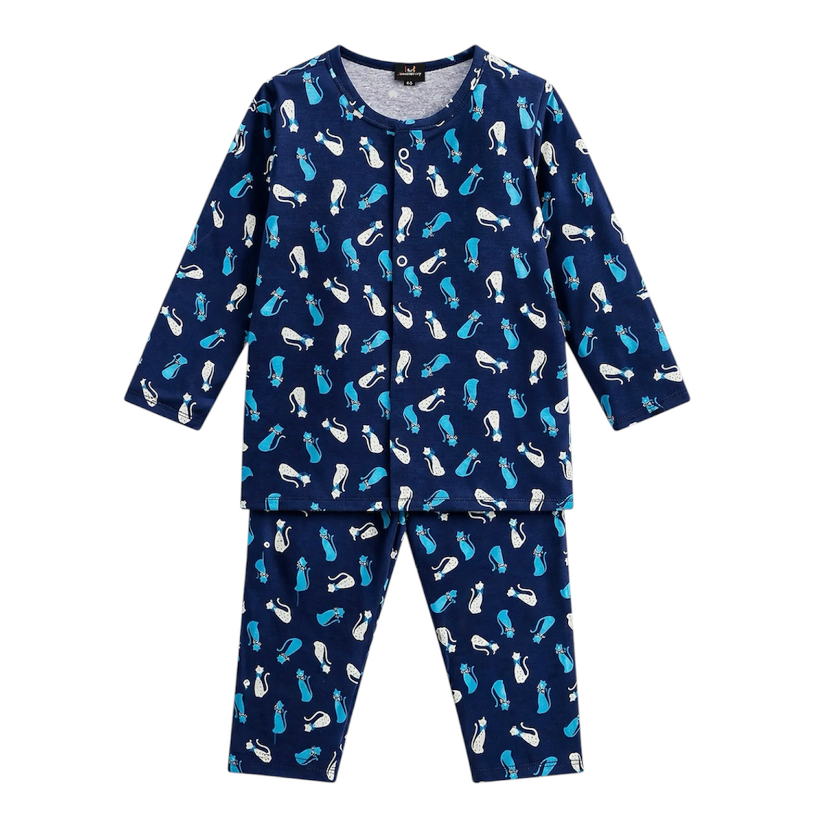 Baby Girl Blue Cat Print Front Open Pajama Night Suit – Soft Cotton Sleepwear