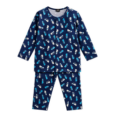 Baby Girl Blue Cat Print Front Open Pajama Night Suit – Soft Cotton Sleepwear