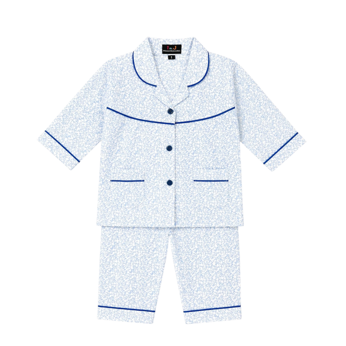 Blue Floral Full Sleeves Cotton Night Suit