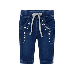 Baby Girls Floral Print Denim Pants With Elastic Waist