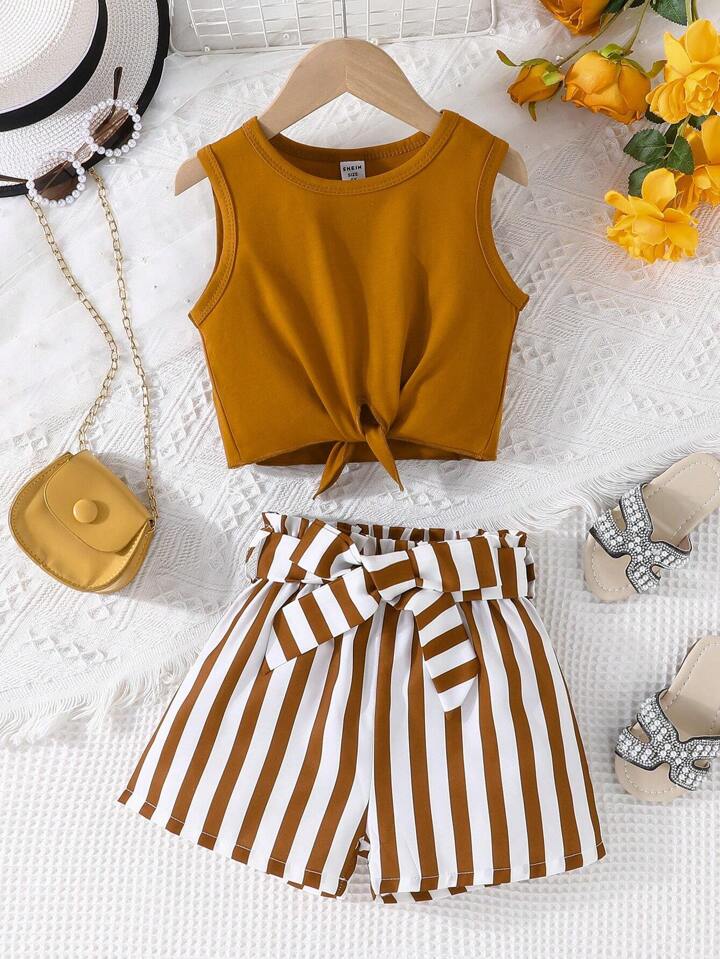 2PC Brown Tank Top with Stripes Short