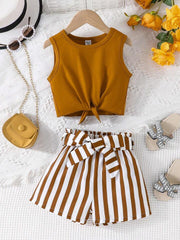 2PC Brown Tank Top with Stripes Short