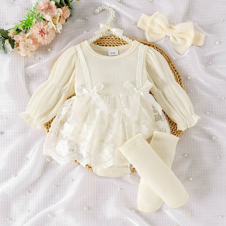 3Pc Baby Girl Bodysuit Set Cream