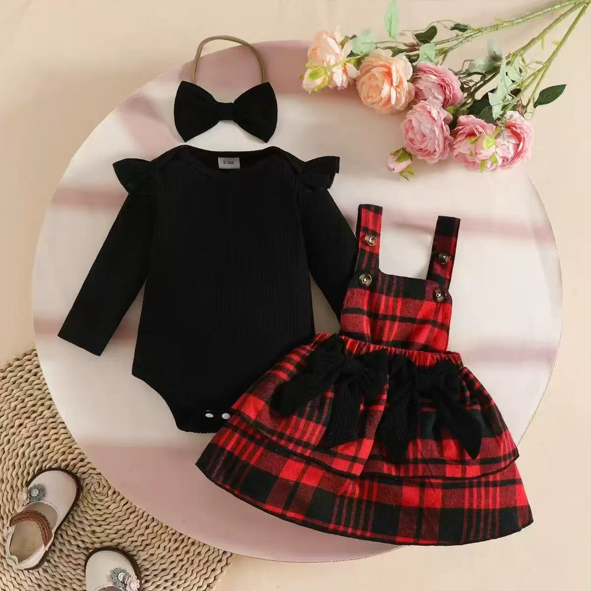 3Pc Red Checkered Bodysuit Set
