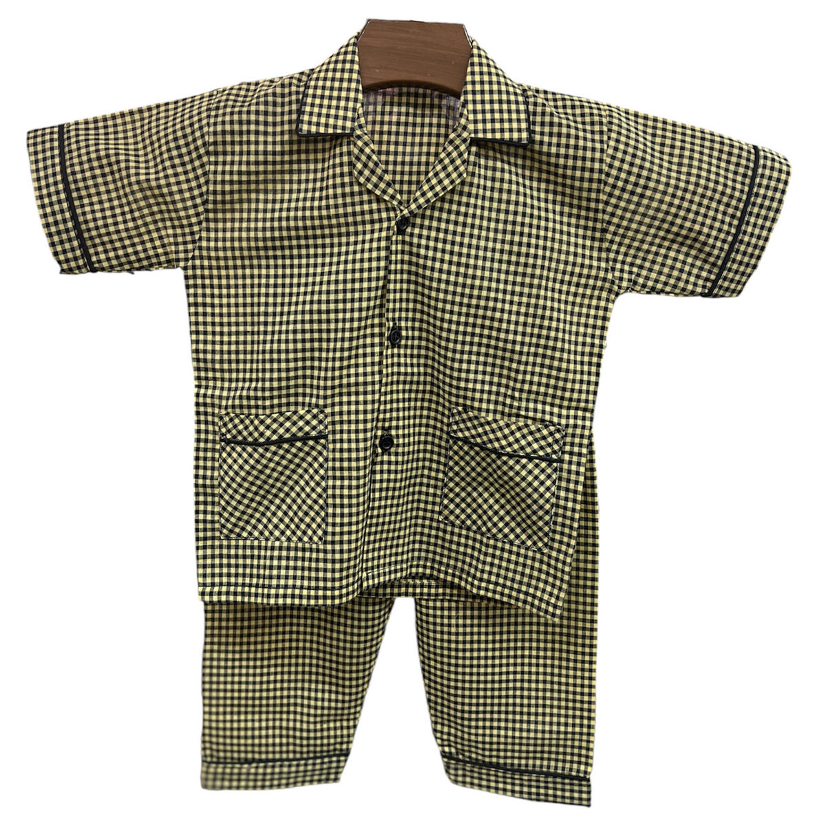 Yellow Checkered Cotton Night Suit