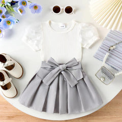 2PC White Flower Skirt Suit