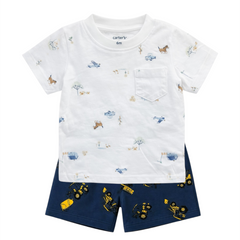 Boys Summer 3PC Suit - Dino & Excavator Prints with White Tee