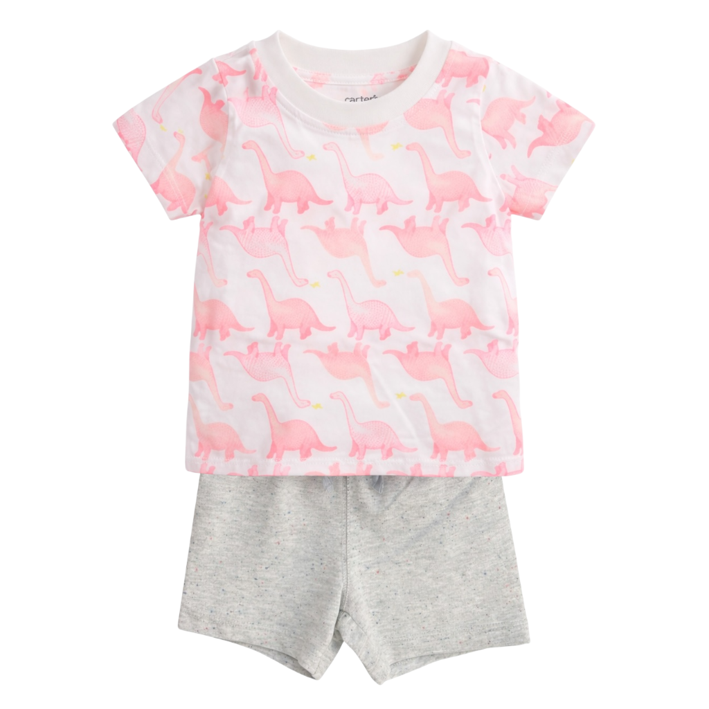 Baby Girl 3-Piece Suit – Dino & Parrot Print T-shirts with Grey Shorts