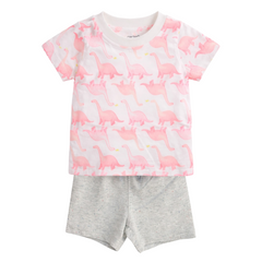 Baby Girl 3-Piece Suit – Dino & Parrot Print T-shirts with Grey Shorts