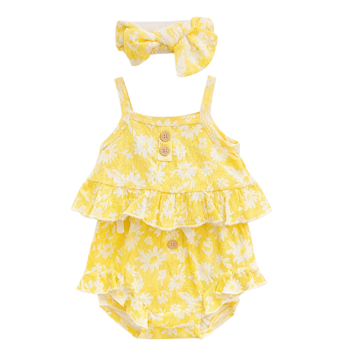 Baby Girl Yellow 3PC Suit – Fashion Top, Soft Shorts & Matching Headband Set