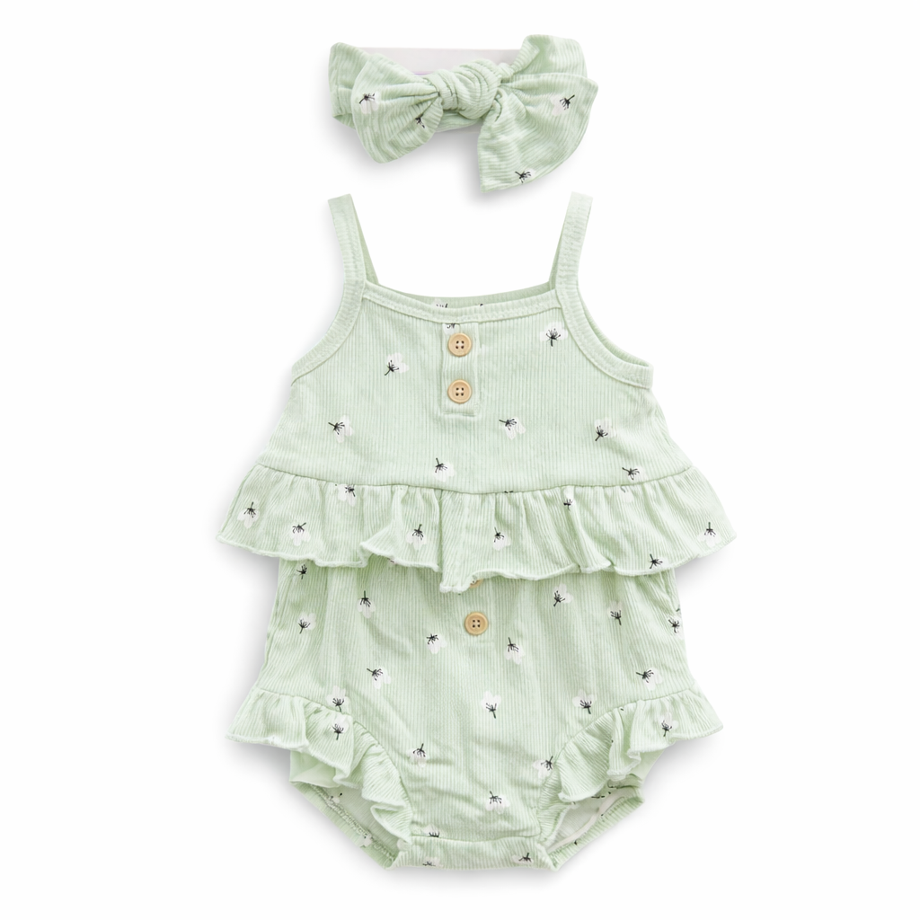 Baby Girl Green 3PC Suit – Fashion Top, Soft Shorts & Matching Headband Set