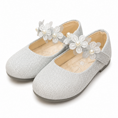 Baby Girl Silver Party Pumps with Flowers