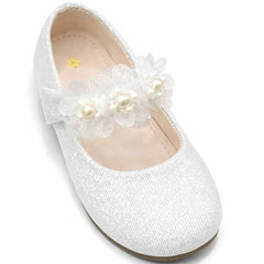 Baby Girl Silver Party Pumps with Flowers
